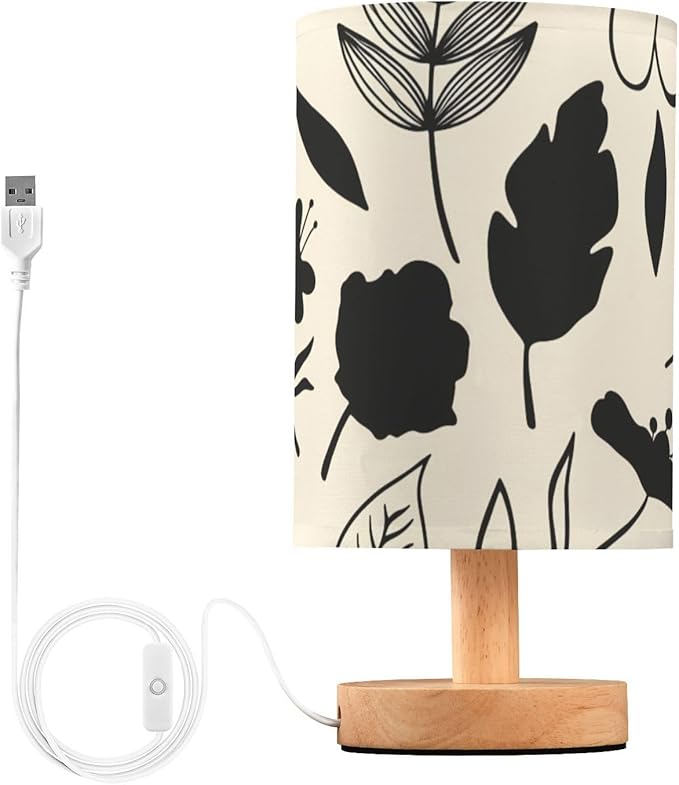 Black Floral LED Table Lamp, Bedside Lamp with Linen Lampshade, Flicker-Free Eye Care USB Plug in Nightstand Lamp, for Bedroom and Office