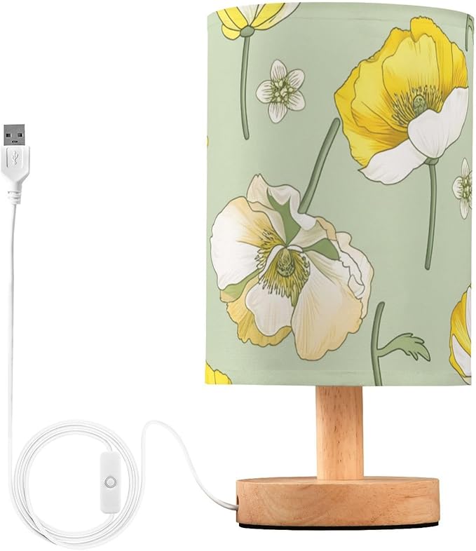 Yellow Floral LED Table Lamp, Bedside Lamp with Linen Lampshade, Flicker-Free Eye Care USB Plug in Nightstand Lamp, for Bedroom and Office