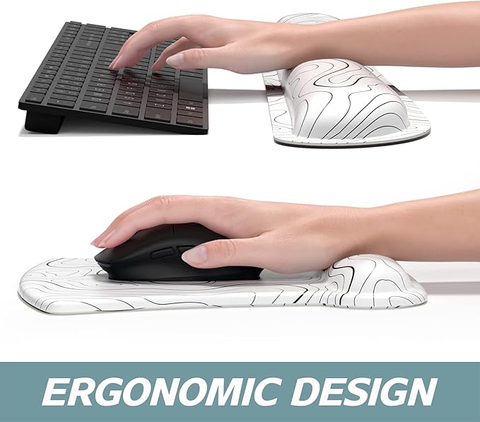ITNRSIIET Mouse Pad Wrist Support Keyboard Wrist Rest Pad Ergonomic Mousepad Non-Slip Memory Foam Keyboard Pad Easy Typing Pain Relief Perfect for PC Laptop Gaming Office, Topographic Contour White
