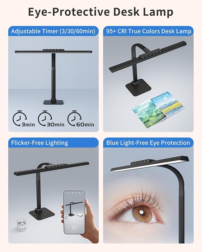 24W LED Desk Lamp, 112 High-Bright LEDs Eye-Caring Office Lamp with 3000K-6000K Dimmable Touch Control, Heavy Duty Metal Base, Auto-Dimming & Memory Function for Home Office/Gaming/Reading Black