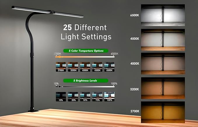 LED Desk Lamp with Clamp, Dimmable Clip On Light, Eye-Caring Gooseneck Task Lamp for Home Office, Study, Reading & Workbench, Adjustable Lighting for Small Desk – Black