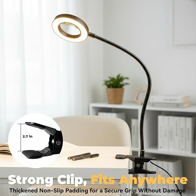 Clip on Lamp, 5X Magnifying Glass with Light LED Desk Lamp with Clamp Bright Clip Light for Bed Bedside Table, Adjustable Reading Light for Bed, Desk Lights (Black with Magnifying)