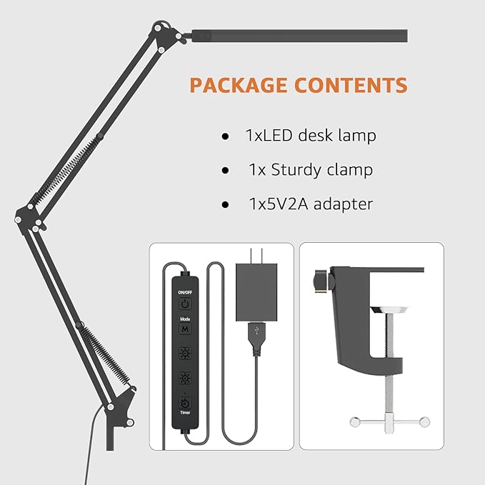 Upgrade Swing Arm LED Desk Lamp with Clamp, 80 LED Beads, 5 Color Modes & 11 Brightness Levels, 360° Adjustable Arm, Eye-Caring Light CRI95, Timer & Memory Function, for Office, Study, Crafting