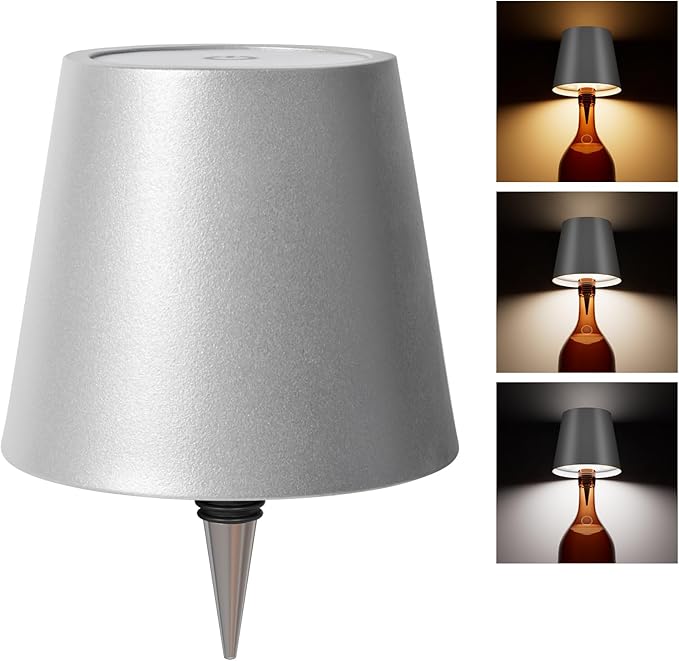 Wireless Bottle Lamp, Wireless Bottle Lamp Shade with 3 Color Temperature, Rechargeable Stepless Dimming LED Wine Bottle Lights for Any Bottle, Desk Lamp for Bedroom Restaurant Bar - Silver