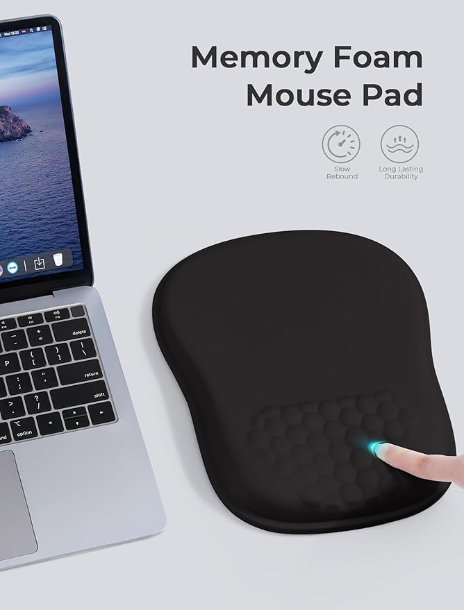 Minimalist Black Ergonomic Mouse Pad for Carpal Tunnel Pain Relief, 65% Usable Mouse Area in Compact Size, Memory Foam Concave Wrist Rest for Office, PC, Gaming