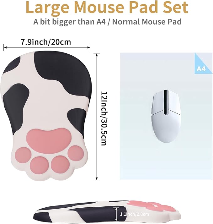 L-SPOUTTO Ergonomic Mouse Pad with Wrist Rest,Cute Cat Paw Mousepad Wrist Support,Comfortable Massage Design Computer Pain Relief Mouse Pad with Non-Slip PU Base for Desk Laptop Gaming,Cow