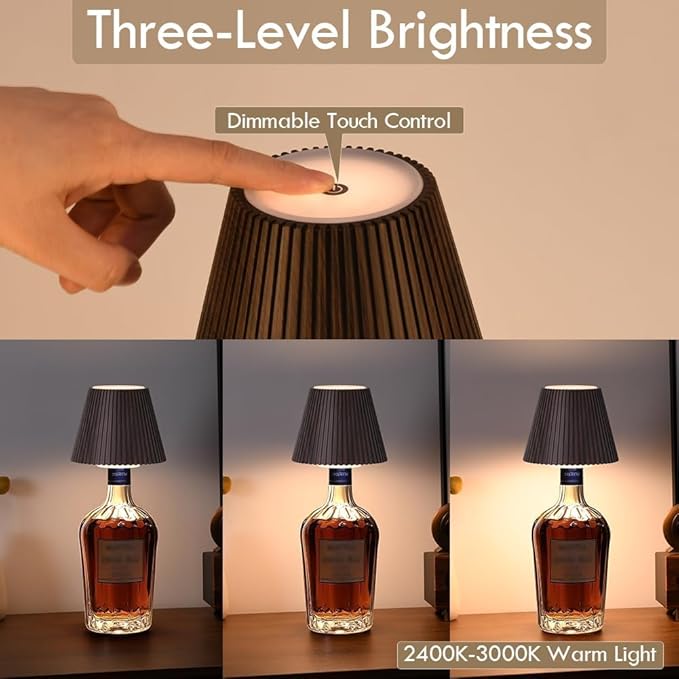 WILIT 2 Pack Wine Wirelss Bottle Lamp, 3-Level Brightness Cordless Table Lamp Shades, Rechargeable Battery Operated for Bedroom, Living Room, Kitchen Counter, Women Gifts for Her
