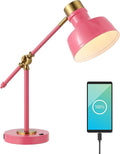 JONATHAN Y 18.5" Pink/Brass Gold Adjustable Cantilever LED Task Lamp with USB Charging Port, Vintage Farmhouse Desk Lamp for Home Office Reading, Metal Shade (JYL7124D)