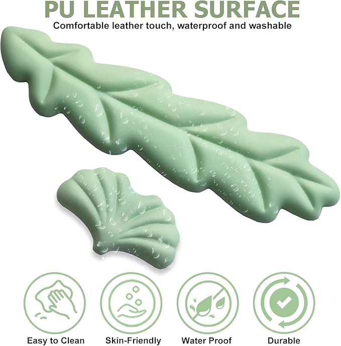 Ergonomic Keyboard Wrist Rest, Leaf Shape PU Leather Memory Foam Wrist Support for Computer Keyboard, Keyboard Pad and Cute Mouse Wrist Pad for Gaming,Office,Computer,Typing, Pastel Green