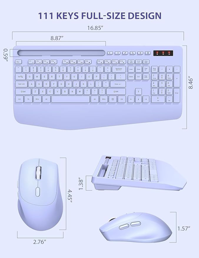 SABLUTE Wireless Keyboard and Mouse, Wrist Rest, Phone Holder, 2.4G Lag-Free Ergonomic Keyboards Mouse Combo, KM23D Silent Keyboards Set for Computer, Laptop, PC, Windows, Purple
