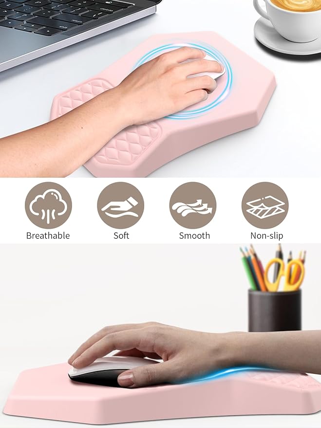 3-in-1 Ergonomic Keyboard Stand with Wrist Rest & Mouse Pad Set, Comfy Keyboard Riser Holder Soft Mousepad with Massage Design, Memory Foam and Non-Slip PU Base for Wrist Support, Pink