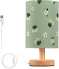 Green Daisy LED Table Lamp, Bedside Lamp with Linen Lampshade, Flicker-Free Eye Care USB Plug in Nightstand Lamp, for Bedroom and Office