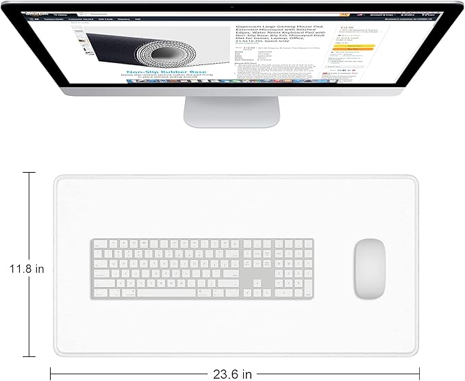Dapesuom Large Mouse Pad, Extended Gaming Mouse Mat with Stitched Edges, Waterproof Full Size Desk Mats with Non-Slip Base, Computer Big Desktop Keyboard Pad for Laptop, Office, 23.6 x 11.8 in, White