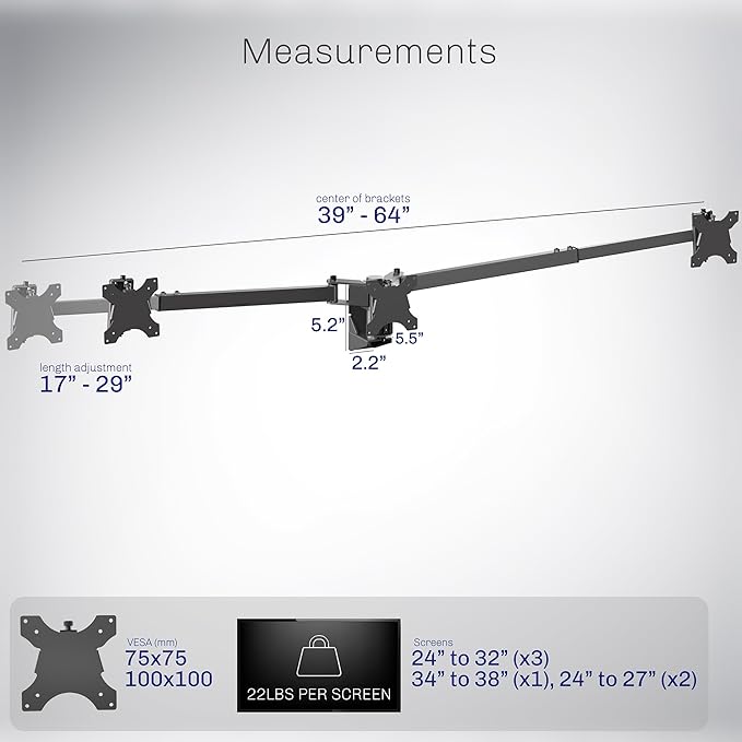 VIVO Premium Triple Monitor Wall Mount for 3 Screens up to 22 lbs, Fits up to 38 inch Ultrawides on Center Bracket, Adjustable Telescoping Arms, Flush Wall Setup, Black, MOUNT-TS03C