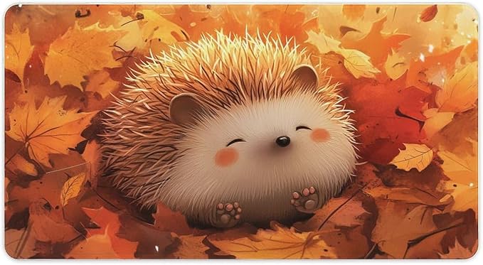 Large Ergonomic Gaming Mouse Pad Cozy Hedgehog in Autumn Leaves - Cute Forest Animal Theme with Non-Slip Base Water-Resistant Surface and Stitched Edges 40X75cm