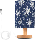 Navy Snowflake LED Table Lamp, Bedside Lamp with Linen Lampshade, Flicker-Free Eye Care USB Plug in Nightstand Lamp, for Bedroom and Office