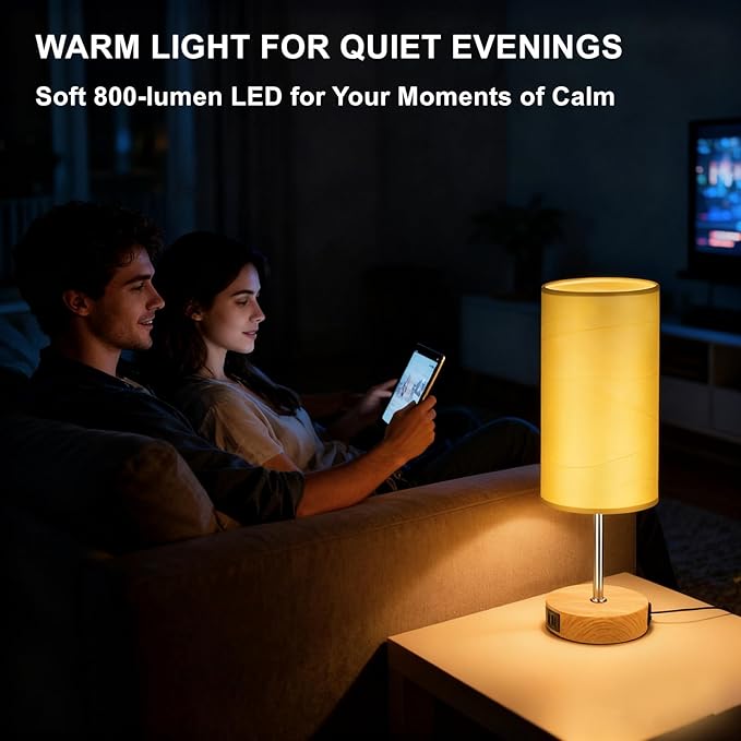 HiBay 2-Set 17.75" Touch Bedside Table Lamps with USB Charging Ports & AC Outlet, Farmhouse Wood-Grain 3-Way Dimmable LED Nightstand Lights with Parchment Shade for Home Office Lighting Decor