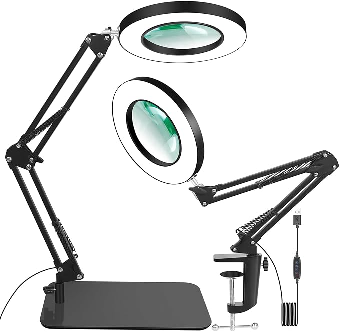 12X Magnifying Glass with Light, 5 Color Modes Stepless Dimmable Magnifier with Stand, LED Lighted Clamp Desk Lamp with Swing Arm, Hands Free for Reading Painting Crafts Close Work