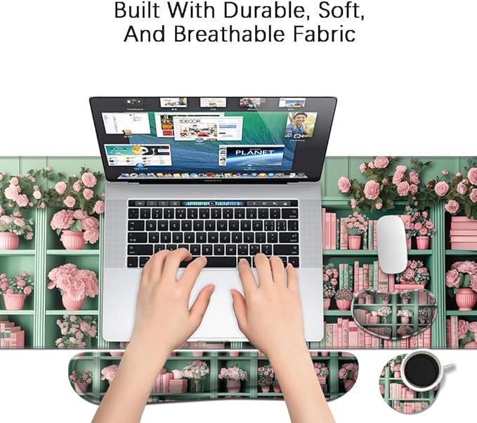 MIBITRI Keyboard Mouse Pad Set, Extended Gaming Mouse Pad+Ergonomics Keyboard Wrist Rest Support, Memory Foam, Easy Typing, 4Pcs XXL Ultra Thick Desk Mat, Bookshelf Florals