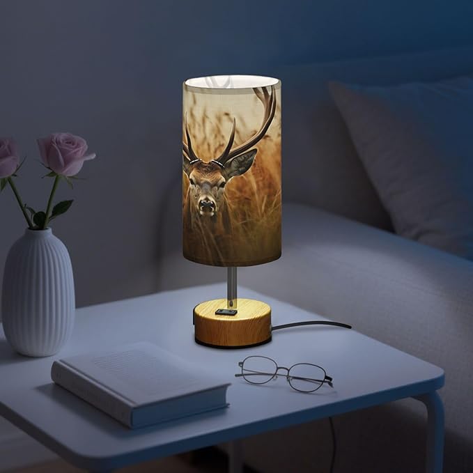 Touch Control Bedside Lamp with USB Ports, 3 Way Dimmable Table Lamp with Linen Shade, Modern Nightstand Lamp for Bedroom, Living Room, Office (Antler Deer)