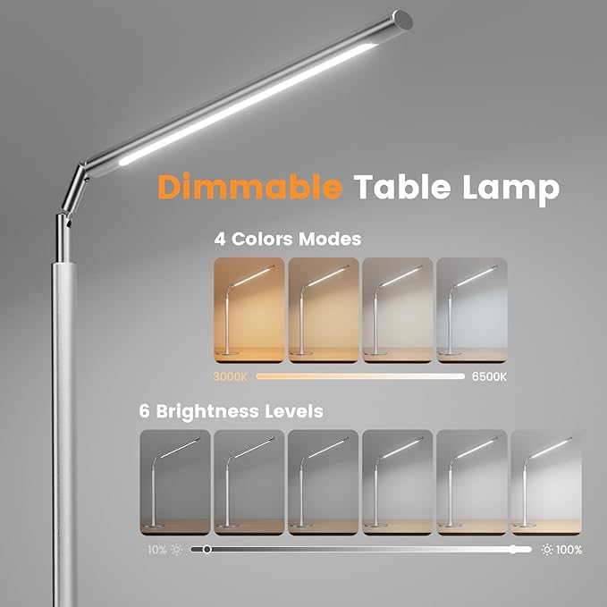 Metal Desk Lamp for Home Office - 16'' Foldable LED Desk Light for Reading, 4 Color Temps, 15W 1200Lm Dimmable Table Lamp with Flexible Arm, Task Lamp for College Dorm Study Painting, Silver