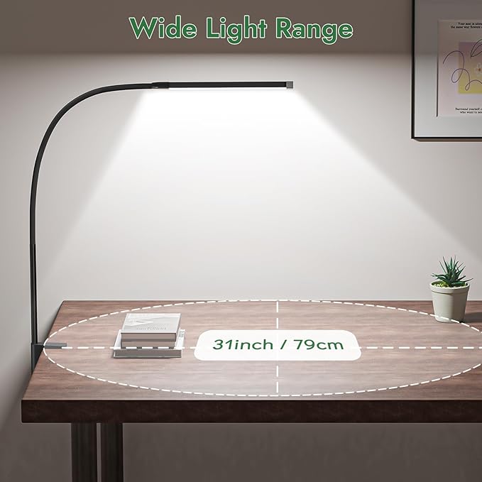 Clamp Lamp for Desk, Eye-Caring LED Clip Light, 27"Tall Flexible Arm, 3 Color Modes 10 Brightness, USB-Powered Task Lamp for Home Office Reading, Crafting, Sewing,5V/2A Adapter Included Black