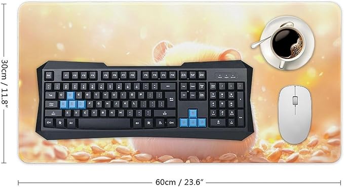 Large Ergonomic Gaming Mouse Pad Happy Hamster with Sunflower Seed - Cute Animal Theme with Non-Slip Base Water-Resistant Surface and Stitched Edges 30x60cm