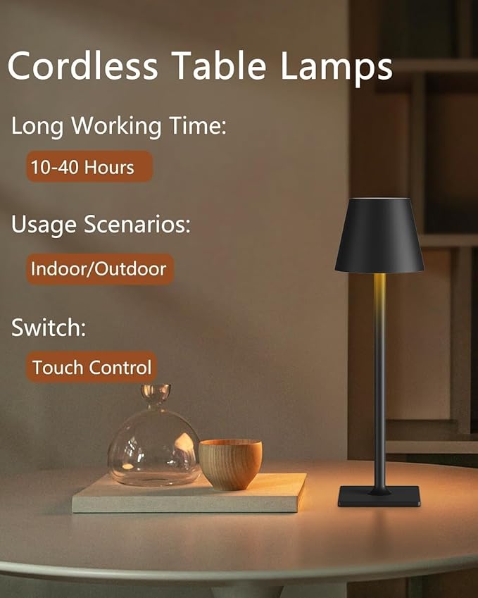 Cordless Table Lamp Rechargeable Lamps: 6000mAh Battery Operated Table Lamp Outdoor Waterproof, Touch Control, Portable Wireless Desk Lamp for Dinner/Bedroom/Restaurant(Black 2 Pack)
