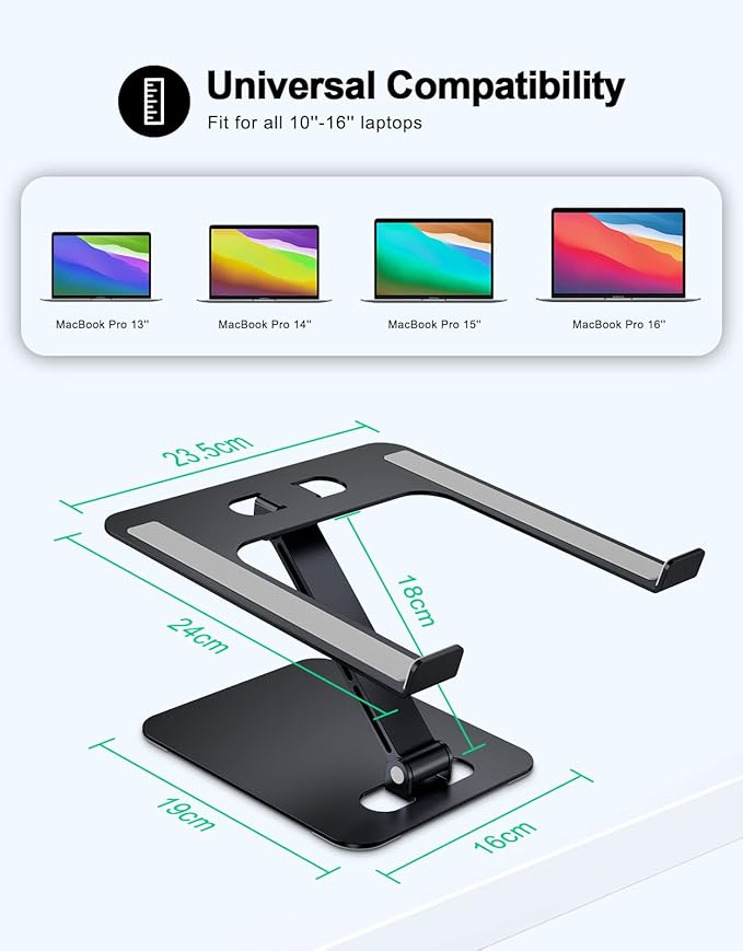 Foldable Laptop Stand, Height Adjustable Ergonomic Computer Stand for Desk, Aluminum Portable Laptop Riser Holder Notebook Mount Compatible with MacBook Pro Air, HP, Dell 10-16"(Black)