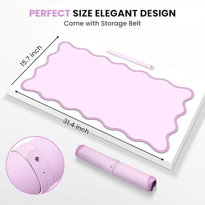Leather Desk Mat, XXL Large 31.4x15.7in Scalloped Gaming Mouse pad，Non-Slip Rubber Base Keyboard Pad Mousepad for Laptop Computer Game Home Office，Waterproof and Oilproof Desktop Mat I Pink