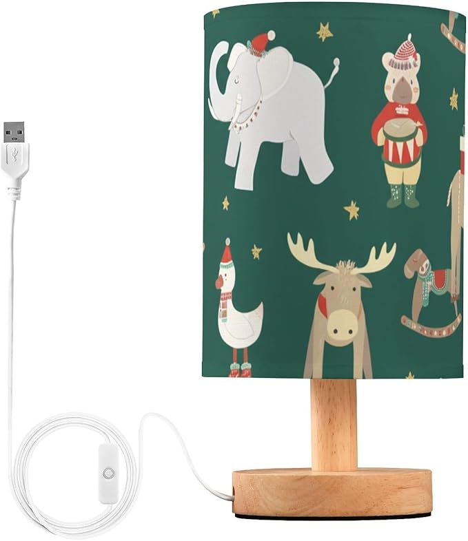 Green Christmas Animal LED Table Lamp, Bedside Lamp with Linen Lampshade, Flicker-Free Eye Care USB Plug in Nightstand Lamp, for Bedroom and Office