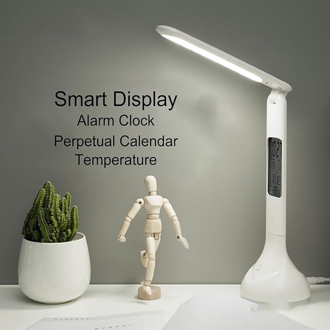 Smart Bedside Lamp with Transparent Display, RGB Dimmable Desk Light, 180° Foldable, Built-in Battery, Multi-Function with Clock/Date/Temperature Alarm,T19 White.