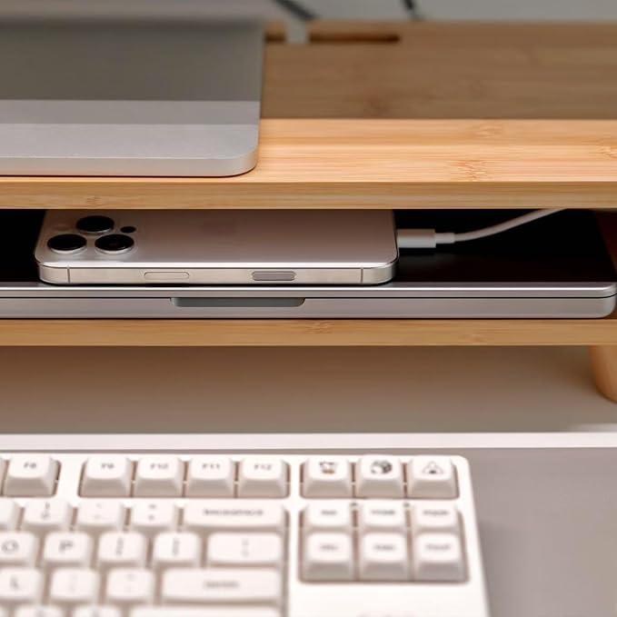 Bamboo Monitor Stand Riser with Drawer, Ergonomic Computer Riser for Desk with Cable Management & Storage Organizer, Wood Monitor Stand for Home Office