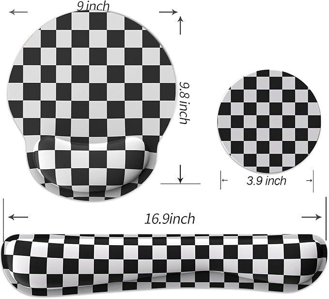 Ergonomic Mouse Pad with Wrist Rest and Keyboard Wrist Rest, Mousepad and Keyboard Pad, Non-Slip Rubber Base, Mouse Pad with Wrist Support for Gaming, Computer, Office, Black Checkered