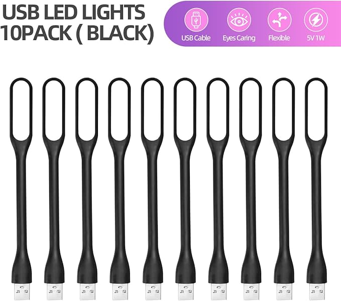 USB LED Light Lamp for Power Bank (10 PCS) Portable Eye Care Mini Night Light with Flexible Arm, USB Gooseneck Reading Lamps Book Light,Compatible for Desktop, Notebook Laptop (10-Black)