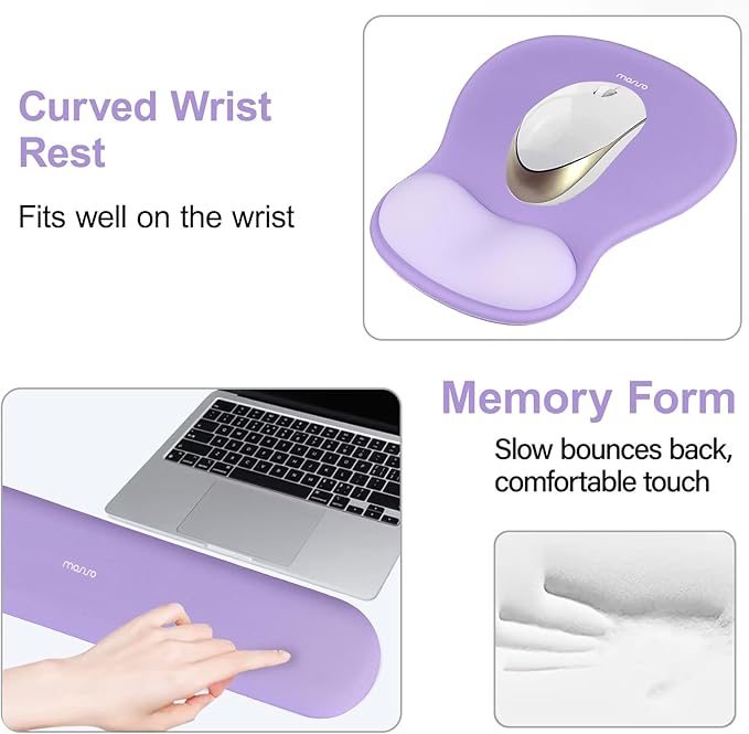 MOSISO Wrist Rest Support for Mouse Pad&Keyboard Set, Curved Ergonomic Mousepad&Coaster Non-Slip Base Home/Office Pain Relief&Easy Typing Cushion with Soft Cloth&Silicone Lining, Purple