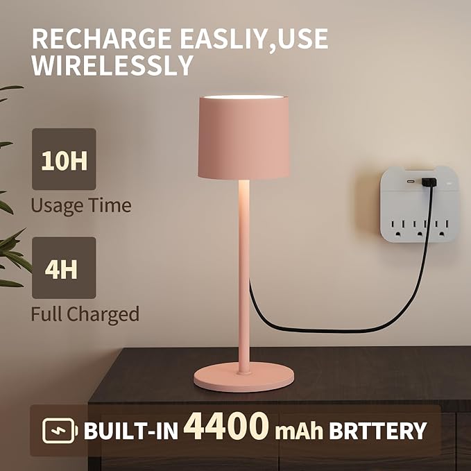 2-Pack Cordless Table Lamp, Portable LED Desk Lamps, 2 Adjustable Height, 4400mAh Battery Powered Rechargeable Light, 3 Color Stepless Dimming, for Restaurant, Bedroom, Outdoor Camping
