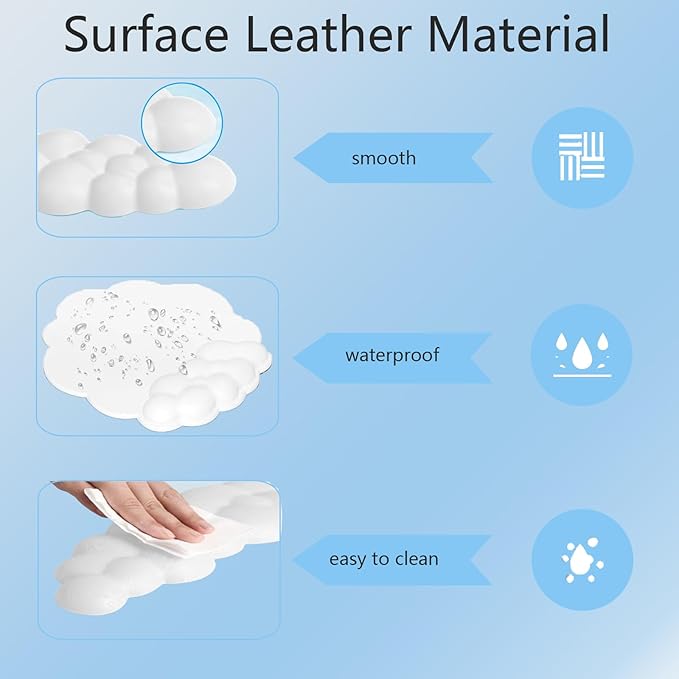 Cloud Wrist Rest Keyboard Cute Cloud Mouse Pad with Wrist Rest for Keyboard and Mouse Leather Cloud Wrist Pad Non-Slip Wrist Support for Computer Gaming Home Office Desk Decor Relief Pain White