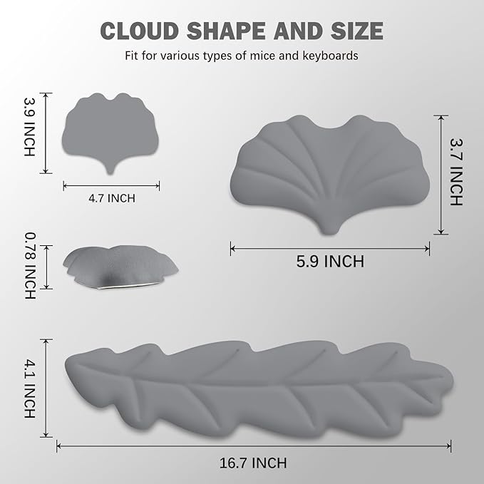 Keyboard Wrist Rest Pad Set, Leaf Shape PU Leather Memory Foam Wrist Cushion Support,Mouse Wrist Rest Pad,Non-Slip Wrist Support for Easy Typing, Grey Leaf