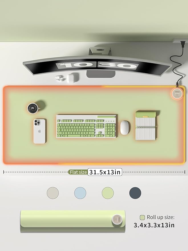 Heated Desk Pad 31.5×13 Inch - 3-Speed Touch Control Large Heated Mouse Mat with 3-Hour Auto Shut-Off, Non-Slip Silicone Eye Protection Warm Desk Mat for Office and Home (Green)