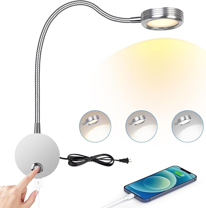 Plug in Dimmable LED Reading Lamp,Wall Mount Book Lights for Bed Headboard,Touch Control, Flexible Gooseneck Headboard,3 Color Modes,10 Brightness Leves, USB Output, Easy to Install Silver 1 Pack