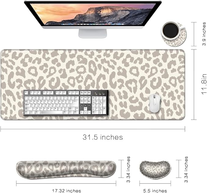 MIBITRI Keyboard Mouse Pad Set, Extended Gaming Mouse Pad+Ergonomics Keyboard Wrist Rest Support, Memory Foam, Easy Typing, 4Pcs XXL Ultra Thick Desk Mat, Leopard Print