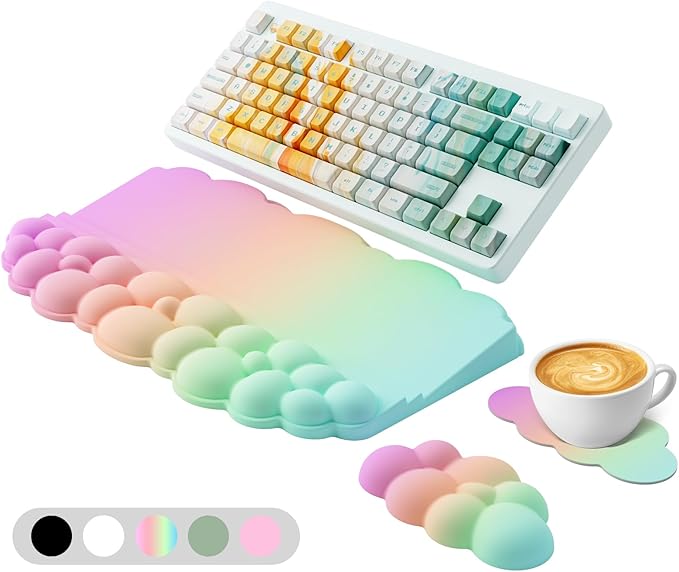 Ergonomic Wrist Rest for Keyboard, Soft Memory Foam Cloud Keyboard Stand Pad with Wrist Rest Set with Non-Slip Silicone Base, Easy Typing, Comfort for Computer Laptop Mac - Rainbow