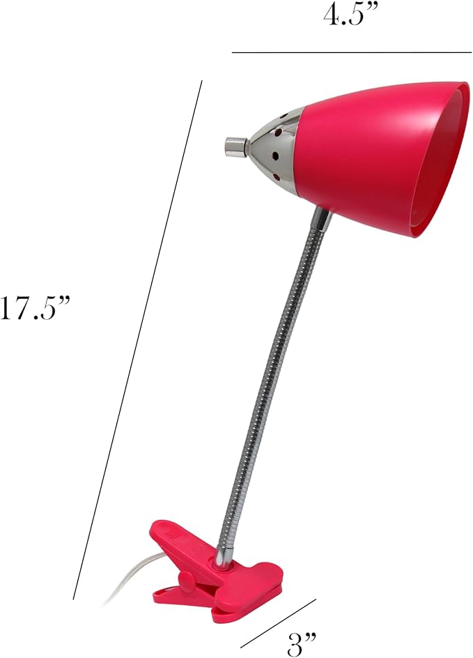 Simple Designs LD2001-PNK-LB 17.5" Flossy Flexible Gooseneck Clip Light Desk Lamp with LED Bulb, Pink