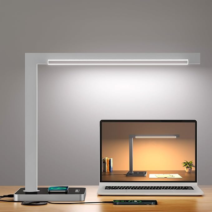 Aluminum LED Desk Lamp with Charging Station, 15W Table Lamp with Type-C Ports & 4 Color Temperature Modes(3000K-6000K), Dimmable Reading Light for Home Office,Bedroom (Includes Adapter)