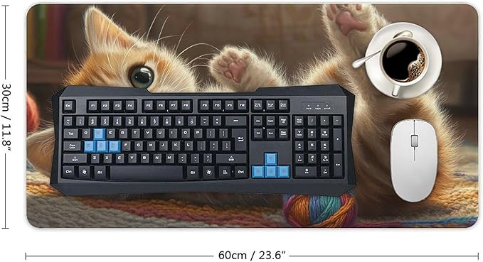 Large Ergonomic Gaming Mouse Pad Curious Kitten Playtime - Cute Cat Theme with Non-Slip Base Water-Resistant Surface and Stitched Edges 30x60cm