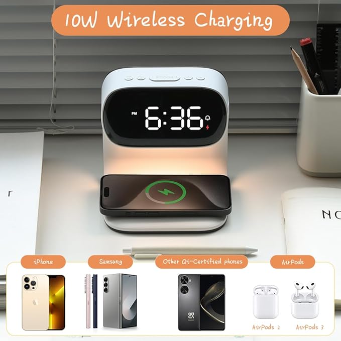 WILIT Alarm Clock with Wireless Charging,Dimmable Night Light,Snooze Function,10W Fast Charger,Modern Bedside Clock for Bedroom,Kids,Teens,Adults,Gift for Men and Women(White)