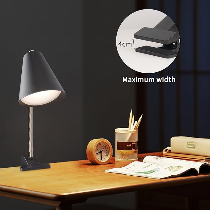 LED Clip on Desk Lamp with 1 USB Charging Port, Portable 360°Rotation Gooseneck Clip on Lamp, Clamp Light Modern Table Lamp for Reading, Working, Studying, Gentle Warm White Light, Eye Protect