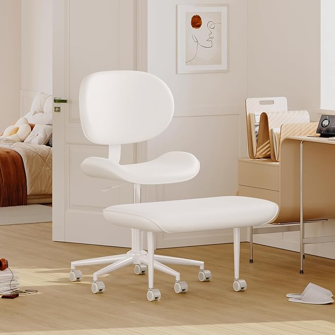 Cross-Legged Meditation Chair, ADHD Friendly Armless Office Chair with Footrest, PU Leather Wide Seat Desk Chair for Focus, Calm Sitting & Home Office, Off White