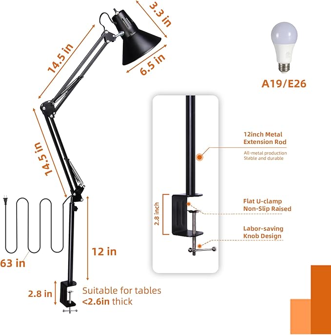 2 Pack LED Desk Lamp With Clamp for Office Home, Eye-Caring Desk Light with 360°Adjustable Extra Tall Metal Swing Arm, High Intensity Clamp w/A19 E26 Bulb for Working Reading, Table Lamps White Light